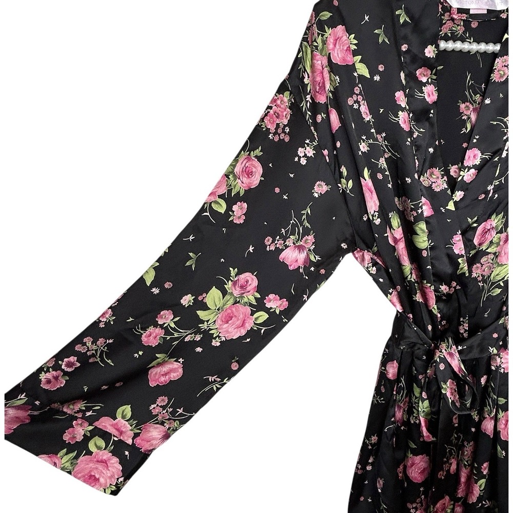 Victorias Secret Floral Silky Robe One Size O/S Y2k Coquette Romantic Mini Black - Picture 7 of 12